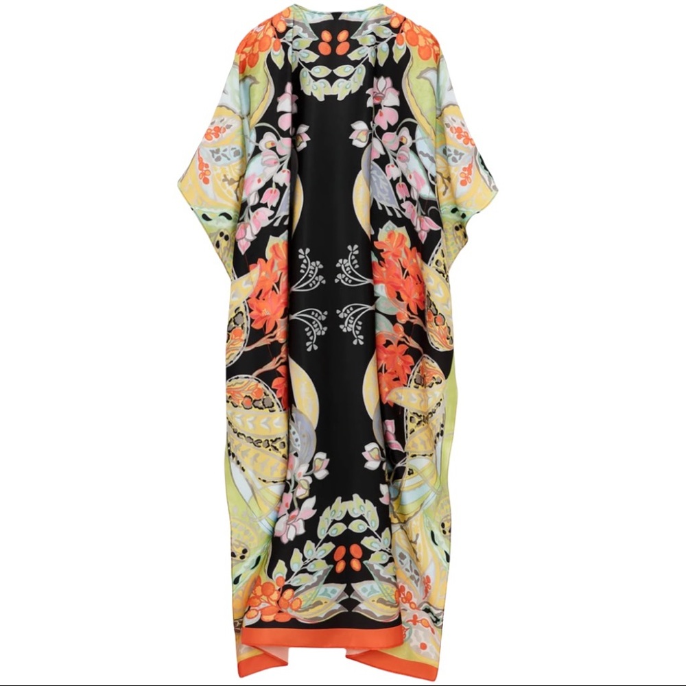 Zara RARE Multicolored Floral Printed Asian Satin Kimono Kaftan Scarf Midi Dress - Picture 6 of 15